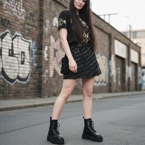 Poster Grl ✦ Black Denim Wrap Skirt ✦ Belted Pocket Text Print Size M NWT